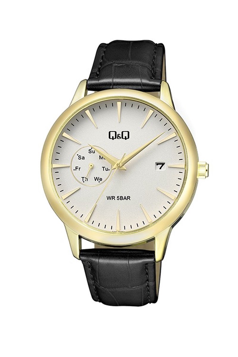 QQ A12A-005PY - Horloge - Heren - Mannen - Leren band - Rond - Metaal - Datumaanduiding - Streepjes - Zwart - Goudkleurig - Wit - 5 ATM