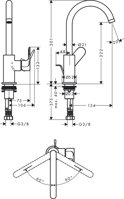 Technische tekening van een wastafelkraan met afmetingen.