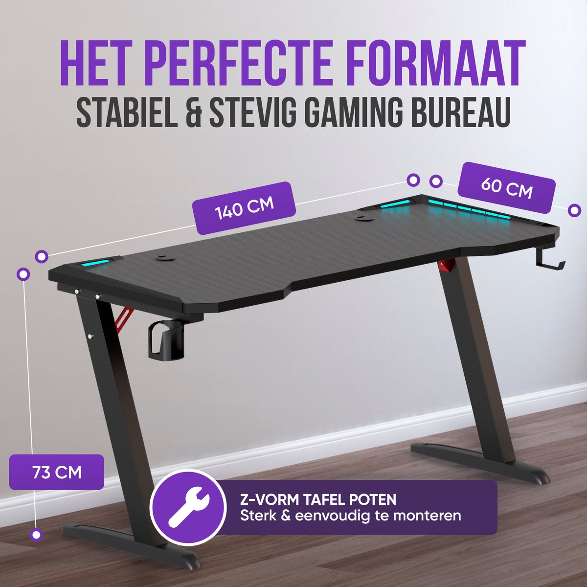 Avalo Gaming Bureau - Game Desk Met LED Verlichting - Gaming Desk - Tafel - Zwart