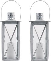 Set van 2x stuks zilveren tuinlantaarn/windlicht van zink 12 x 12 x 25,5 cm - Tuinverlichting - Kaarsenhouders - Zinken lantaarns