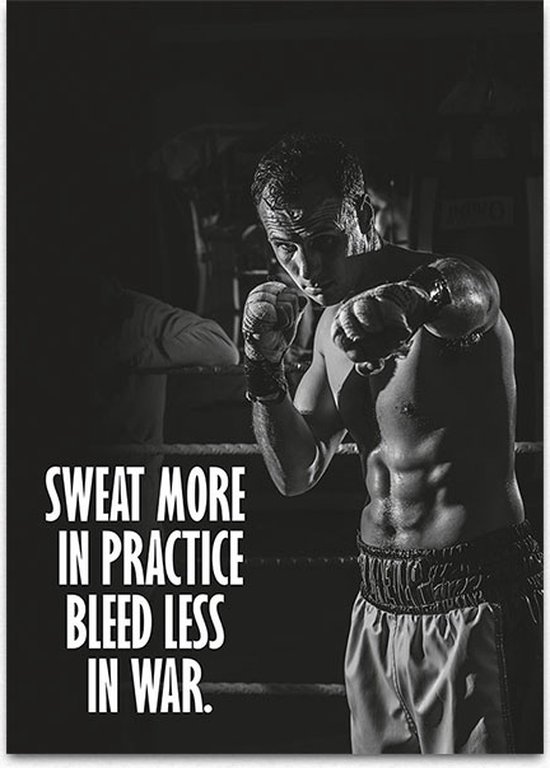 Gym poster – Sweat more in Practice - Bleed less in war - Luxe metalen WALL ART 32 x 45 cm.