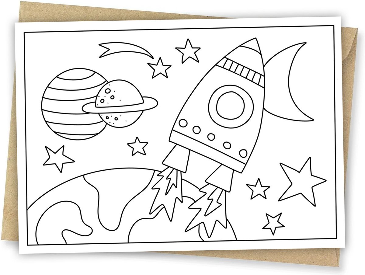 Inkleurkaart Raket - Ruimte - Kinderkaart - Kaart om zelf in te kleuren