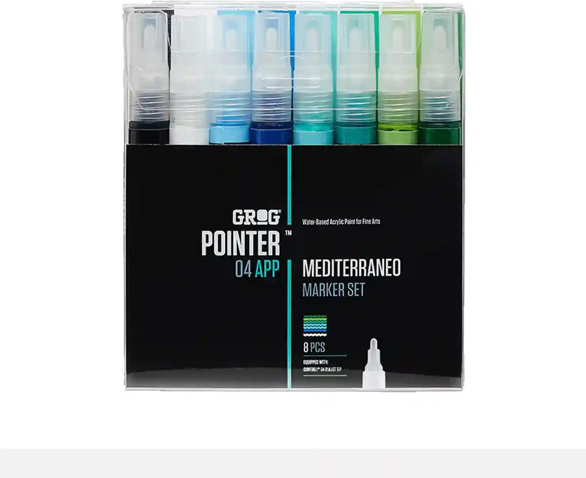 Grog Pointer Mediterraneo set - 8 verfstiften - Waterbasis - Stiftpunt van 4 mm