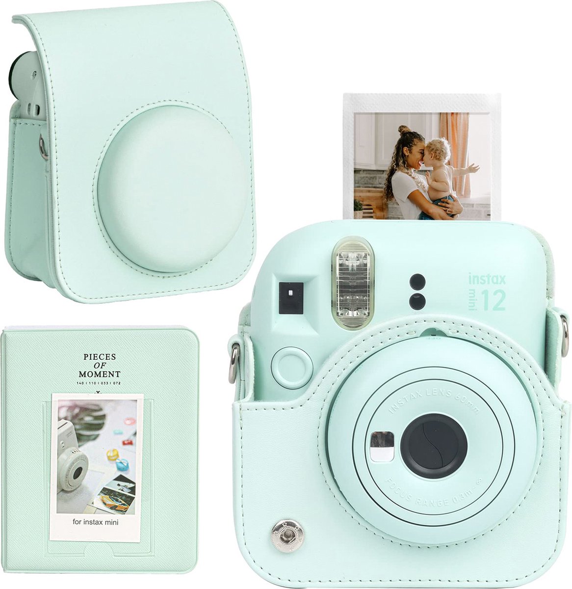 YONO Accessoires Set geschikt voor Fujifilm Instax Mini 12 - Camera Tas met Draagriem - Hoesje en Fotoalbum - Mint Groen