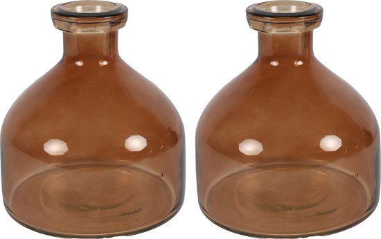 Countryfield Bloemenvaas Low Bottle - 2x - transparant bruin - glas - D18 x H20 cm - Buikfles