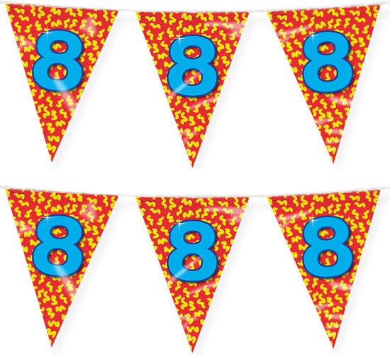 Paperdreams verjaardag 8 jaar thema vlaggetjes - 2x - feestversiering - 10m - folie - dubbelzijdig