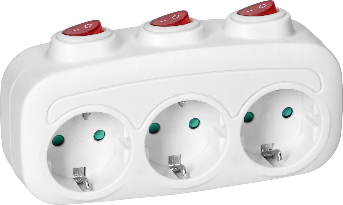 Bureau stekkerdoos met schakelaar - Verdeelstekker horizontaal 3-voudig - Stopcontact splitter - Verdeeldoos zonder snoer - Wit