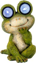 Statue de jardin animal grenouille assise - pierre artificielle - H35 cm - vert - yeux Solar