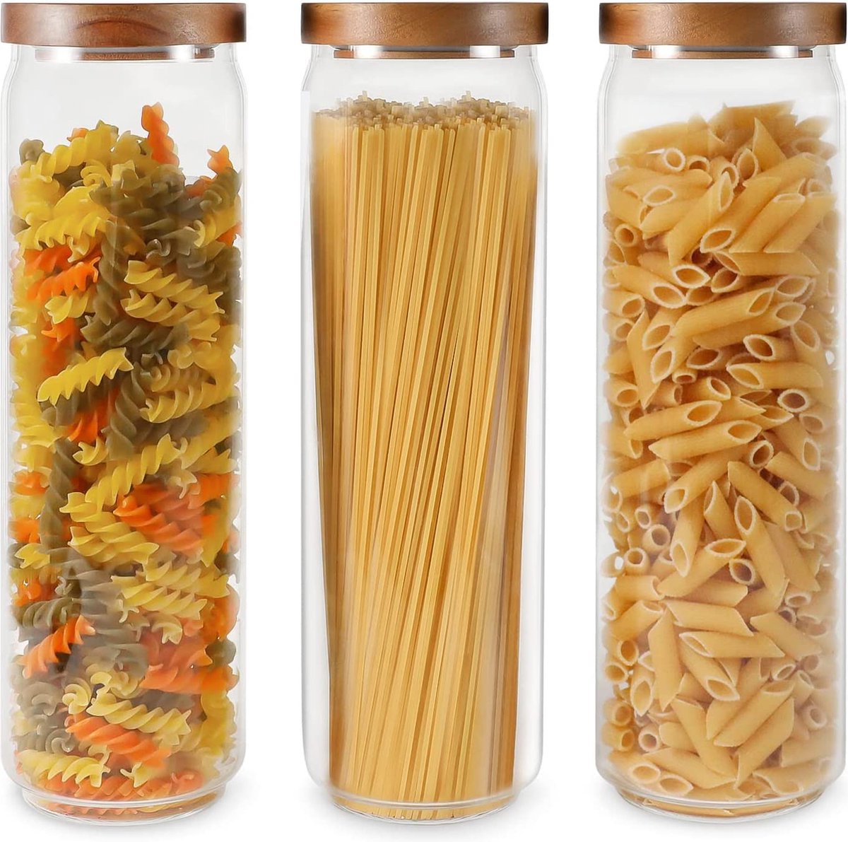 3x1600 ml glazen keukenpotten, luchtdichte opbergcontainers met houten deksel voor spaghettipasta, set van 3