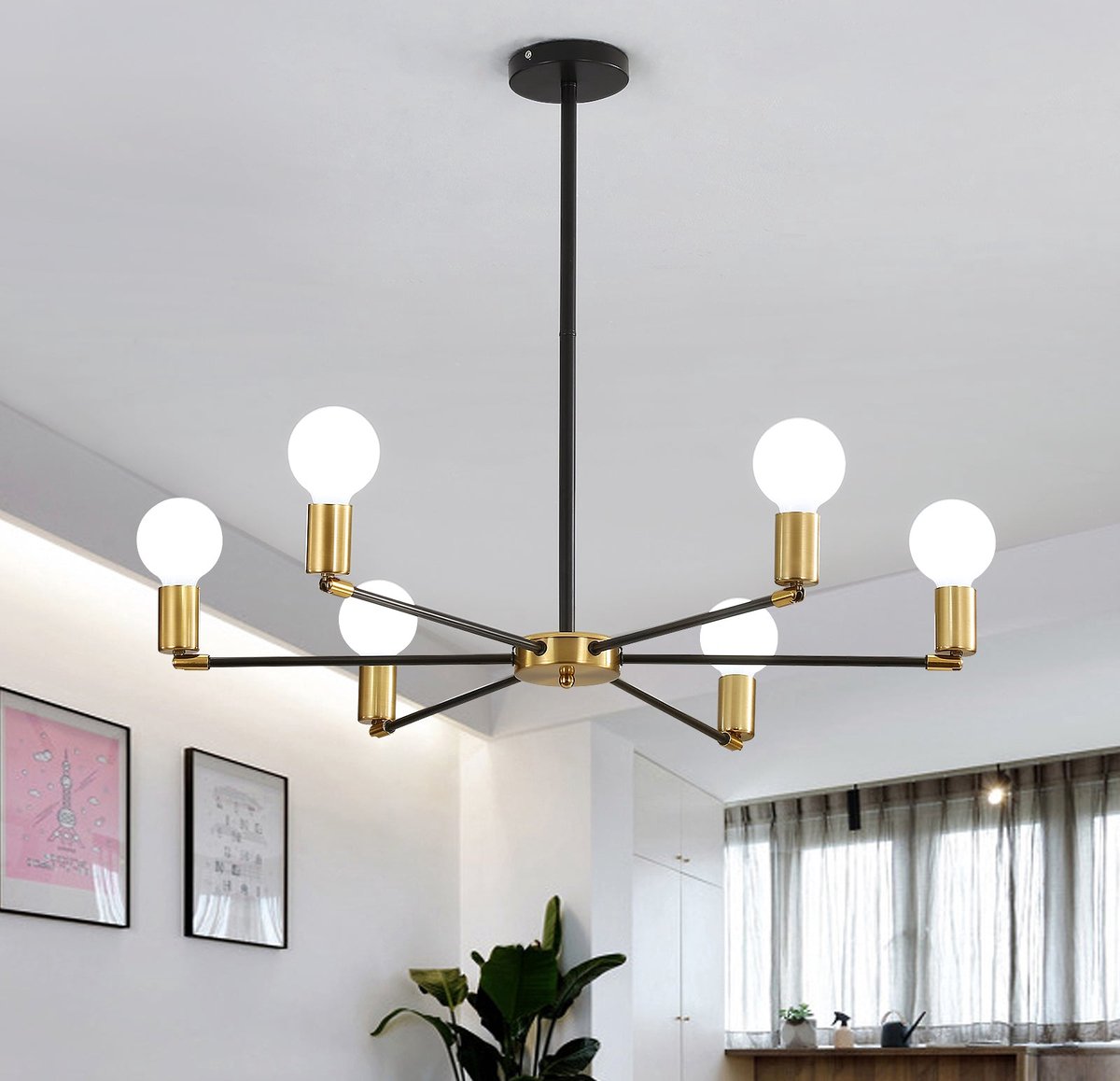 Lustre Plafonnier Industriel Spoutnik - 6 Bras Réglables à 180° - Noir Et Or - Ampoules E27 Max 40W - Pour Salon, Cuisine, Bureau