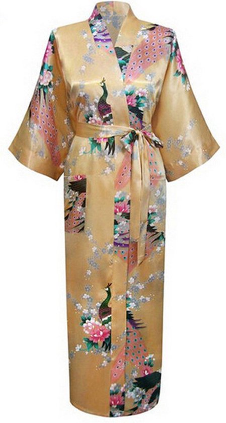 KIMU® Kimono Goud 7/8e - Maat S-M - Yukata Satijn Boven de Enkel - Lange Gouden Ochtendjas Japanse Kamerjas Sexy Satijnen Badjas Geisha Pauw Pyjama Festival