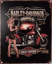 Clayre & Eef Tekstbord 20x25 cm Zwart Rood Ijzer Vrouw met motor Harley Davidson Wandbord