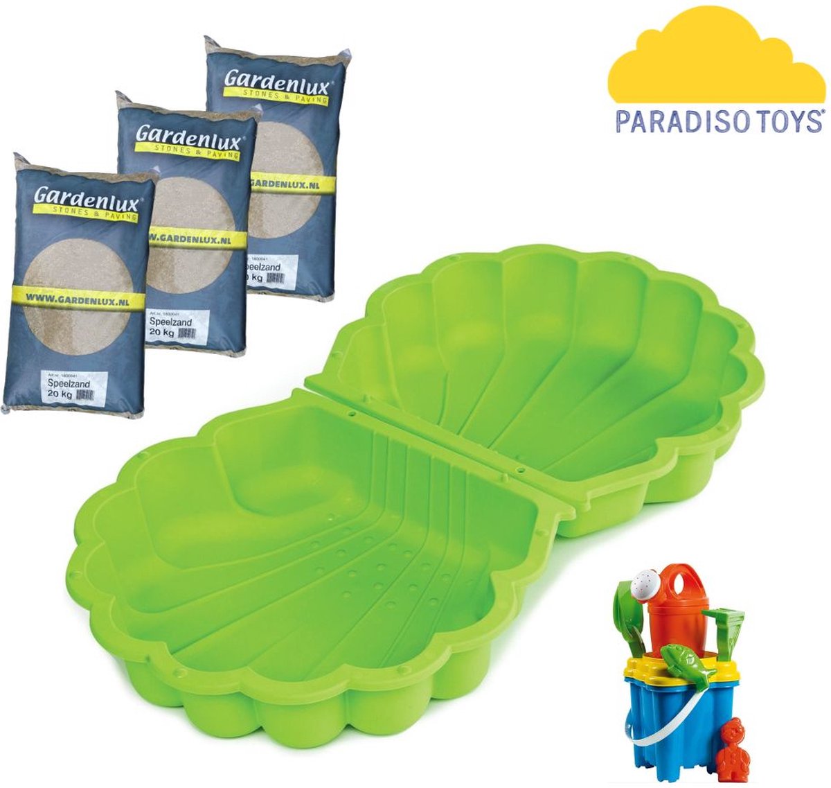 Paradiso Toys Zandbak - Schelpenset Groen - Inclusief emmerset en 60kg zand