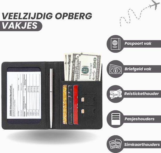 Zwart paspoorthoesje met "PASSPORT", veelzijdig opbergvakjes voor briefgeld, reistickets, pasjes en simkaarten.