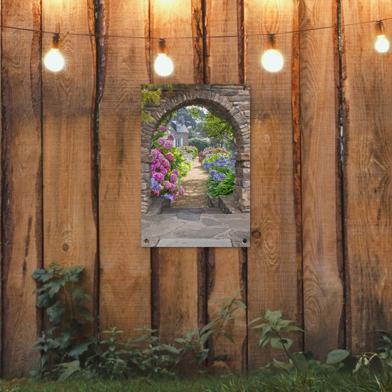 Affiche de jardin - Transparente - Hortensia - Fleurs - Maison - Jardin - 40x60 cm - Décoration de clôture - Toile de jardin