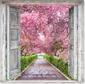 Tuinposter doorkijk - Sakura - Kersenbloesem - Roze - Natuur - Deur - Tuinschilderij voor buiten - Schuttingdoek - Schutting decoratie - 200x200 cm - Tuindoek - Tuindecoratie - Tuin - Tuindecoratie