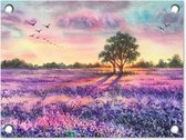 Tuin decoratie Lavendel - Verf - Vogels - Bomen - Paars - 40x30 cm - Tuindoek - Buitenposter