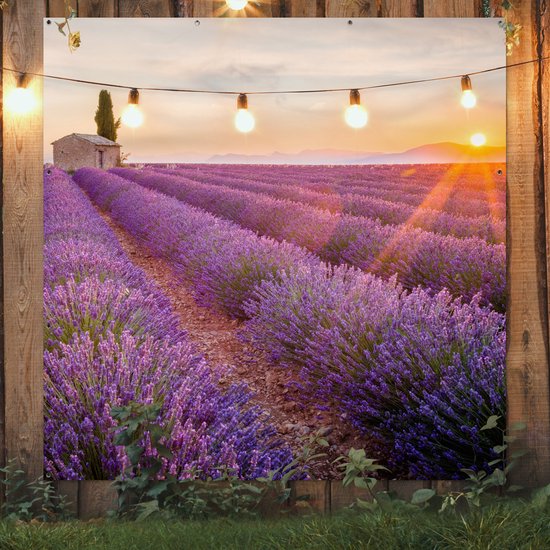 Affiche de jardin lavande - Coucher de soleil - Fleurs - Violet - Toile de jardin - Toile de clôture - Peinture jardin extérieur - Décoration clôture - 200x200 cm - Décoration de jardin - Jardin - Poster extérieur