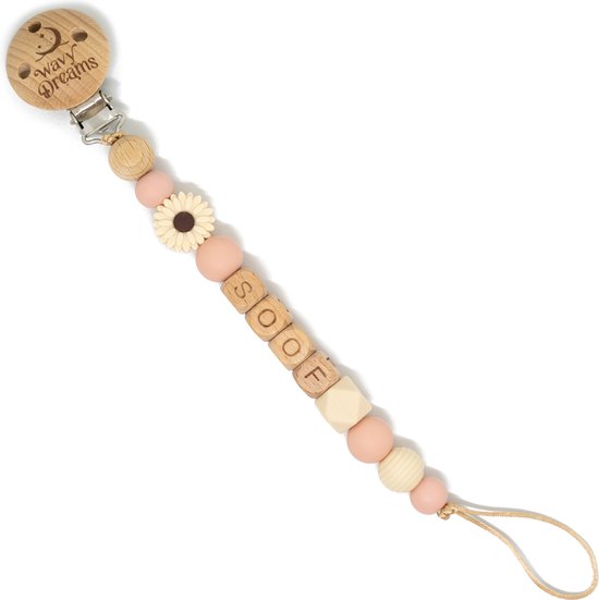 Wavy Dreams - Combiset Speenkoord & Sleutelhanger / Luiertashanger - Speenkoord met naam - Meisje - Kraamcadeau - Roze Pastel - Speenketting met naam - Sleutelhanger met naam - Model Soof van Wavy Dreams — afbeelding 3