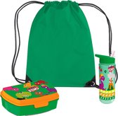 Crazy Dino lunchbox set voor kinderen - 3-delig - groen - kunststof - incl. gymtas/schooltas
