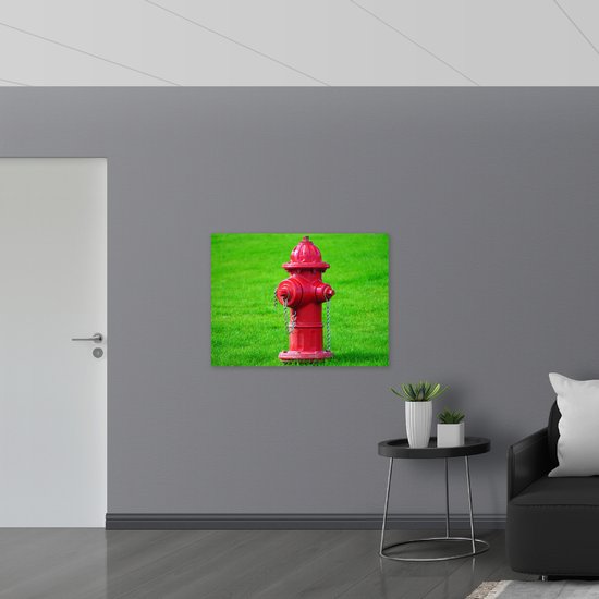 Muursticker - Rode Brandweerpaal in Groen Gras - 100x75 cm Foto op Muursticker