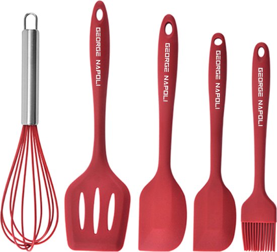 George Napoli Keukengerei set 5x Rood | Garde | Pannenlikker | Lepel | Oliekwast | Keukengerei | BBQ Accesoires | Siliconen Spatelset