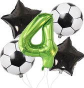 Voetbal Decoratie - Leeftijd 4 - Voetbal Feestje - Jongens Versiering - Folie Ballonnen - Set Van 5 - Voetbal Fans -