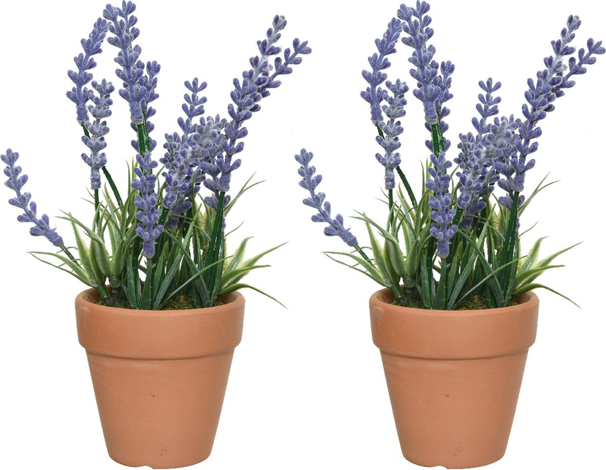 Everlands Eerlands lavendel kunstplant in pot - set 2x - lila paars - D6 x H18 cm