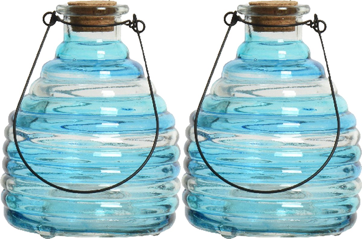 Decoris Wespenvanger/wespenval met hengsel - 2x - glas - blauw - D13 x H17 cm