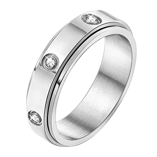 Anxiety Ring - (Zirkonia) - Stress Ring - Fidget Ring - Anxiety Ring For Finger - Draaibare Ring - Spinning Ring - Zilverkleurig RVS - (20.75 mm / maat 65)