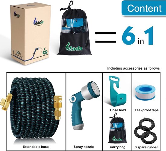 Tuinslang, uitbreidbare waterslang, 10 functies douchekop, adapter van
