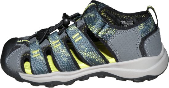 Sandale KEEN grise à bout fermé, avec des accents vert lime et un motif imprimé sur les brides.