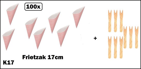 100x rode geruite frietzakken van 17cm met 100 houten frietvorkjes.
