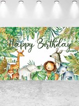 Dierlijke banner | Happy Birthday | Verjaardag | Jungle | Giraffe | Leeuw | Olifant | Zebra | Neushoorn | Groen | 150 x 100cm