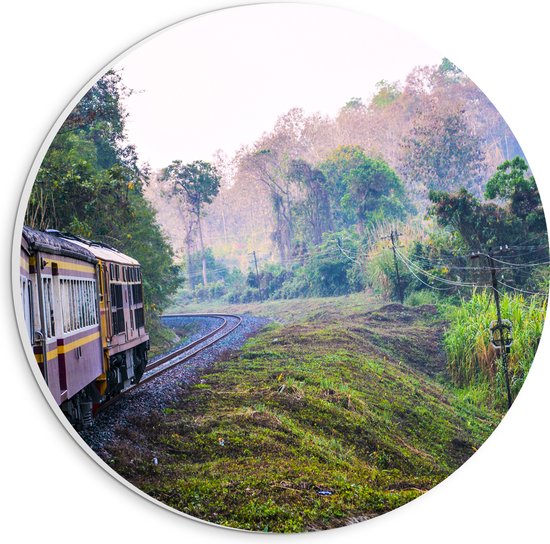 WallClassics - PVC Schuimplaat Muurcirkel - Thaise Trein door Groen Natuurgebied in Thailand - 20x20 cm Foto op Muurcirkel (met ophangsysteem)