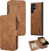 Casemania Hoesje Geschikt voor Samsung Galaxy S23 Ultra Sienna Brown - 2 in 1 Magnetic Book Case met Rits