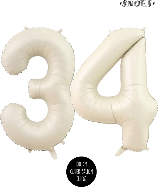 Cijfer Helium Folie ballon XL - 34 jaar cijfer - Creme - Satijn - Nude - 100 cm - leeftijd 34 jaar feestartikelen verjaardag