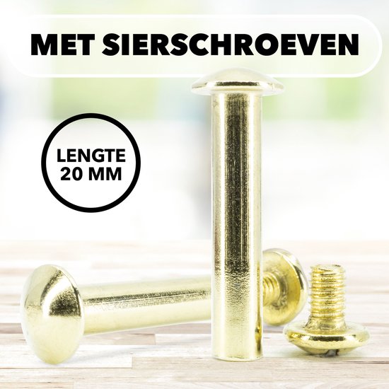 Gouden sierbouten van 20 mm, met zichtbare schroefdraad op één ervan.