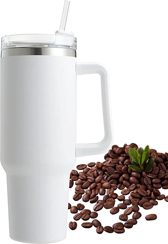 Paarse bloemen patroon roestvrij stalen beker met handvat en rietje