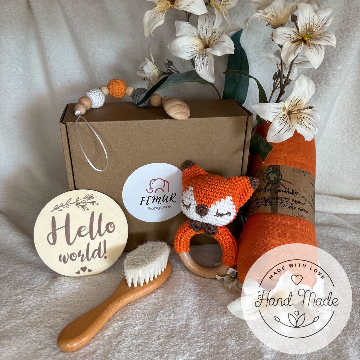Baby Geboorte Set – Baby Speelgoed – New Born Set – Geschenk Set - Kraamcadeau – Babyshower – Gender Reveal Party - Bijtring – Handgemaakt – Natuurlijke Materialen – Speenkoord - Vos