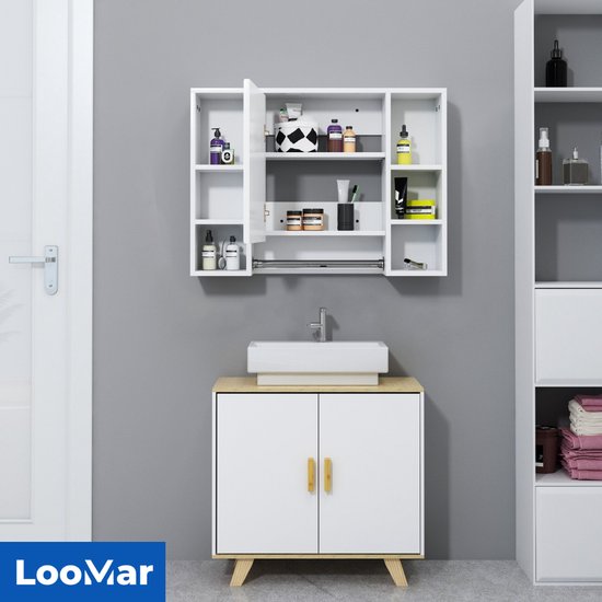Solid badmeubel met 2 opbouwkommen, LED spiegel en hoge kast - Sani-Dump