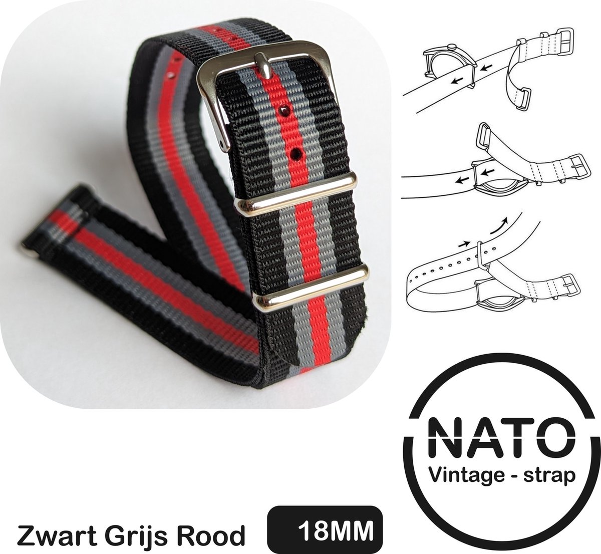 18mm Premium Nato Strap Rood Grijs Zwart - Vintage James Bond - Nato Strap collectie - Mannen Vrouwen - Horlogeband - 18 mm bandbreedte voor oa. Seiko Rolex Omega Casio en Citizen