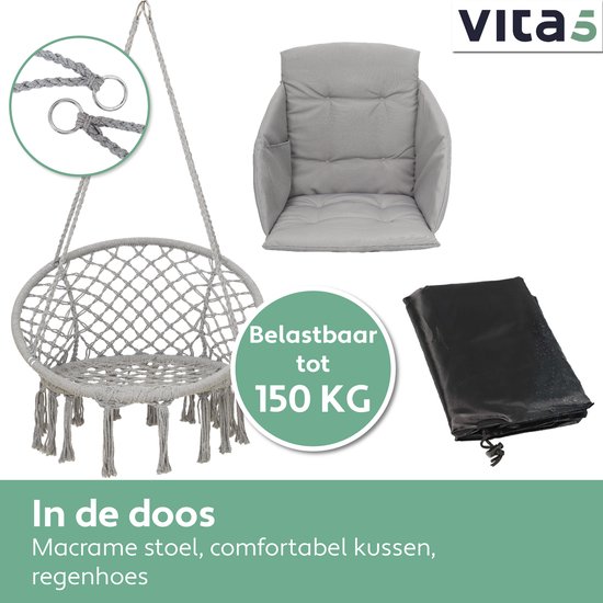Inhoud van de doos: grijze macramé hangstoel, grijs kussen, zwarte beschermhoes en ophangringenset.