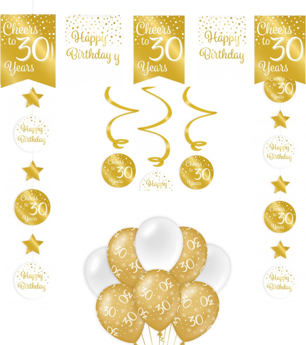 Feestpakket Verjaardag Versiering 30 Jaar - Goud - Wit - 14 Stuks - Versiering - Decoratie - Pakket - Leeftijden - Slinger - Ballonnen - Hangdecoratie - Swirls - Thema Versiering - 30e Verjaardag