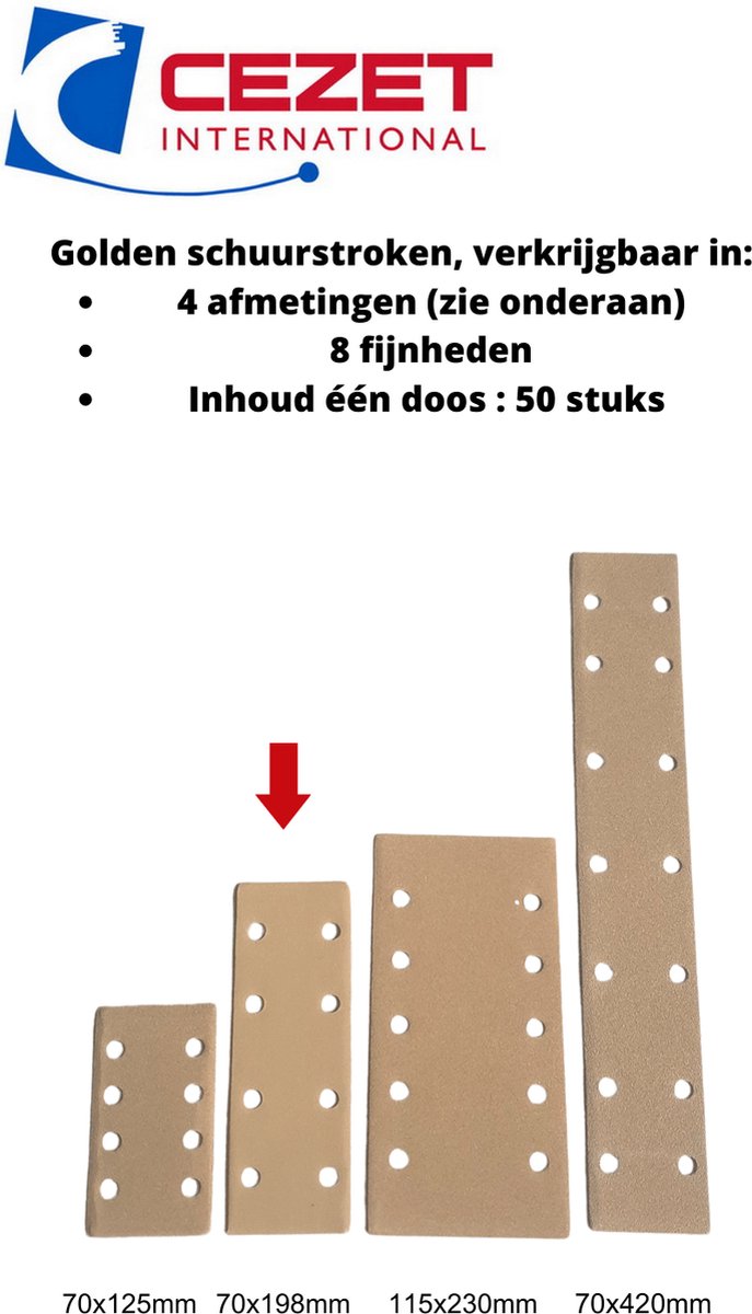 CEZET Golden schuurpapier strook - grit 400 - 70x198 mm - 8 gaten - 50 stuks - schuren auto, boot enz.