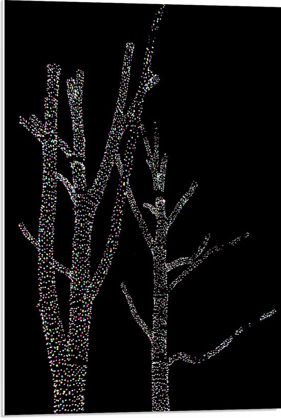 PVC Schuimplaat- Bomen van Verschillende Kleuren Stippen tegen Zwarte Achtergrond - 50x75 cm Foto op PVC Schuimplaat