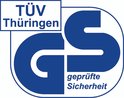 Blauw logo met 'TÜV Thüringen' en 'GS geprüfte Sicherheit'.