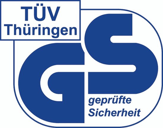 Blauw logo met 'TÜV Thüringen' en 'GS geprüfte Sicherheit'.