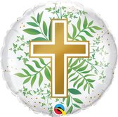 Ballon aluminium décor croix dorée et feuillage vert 45cm / Baptême , Communion , Evènement Religieux