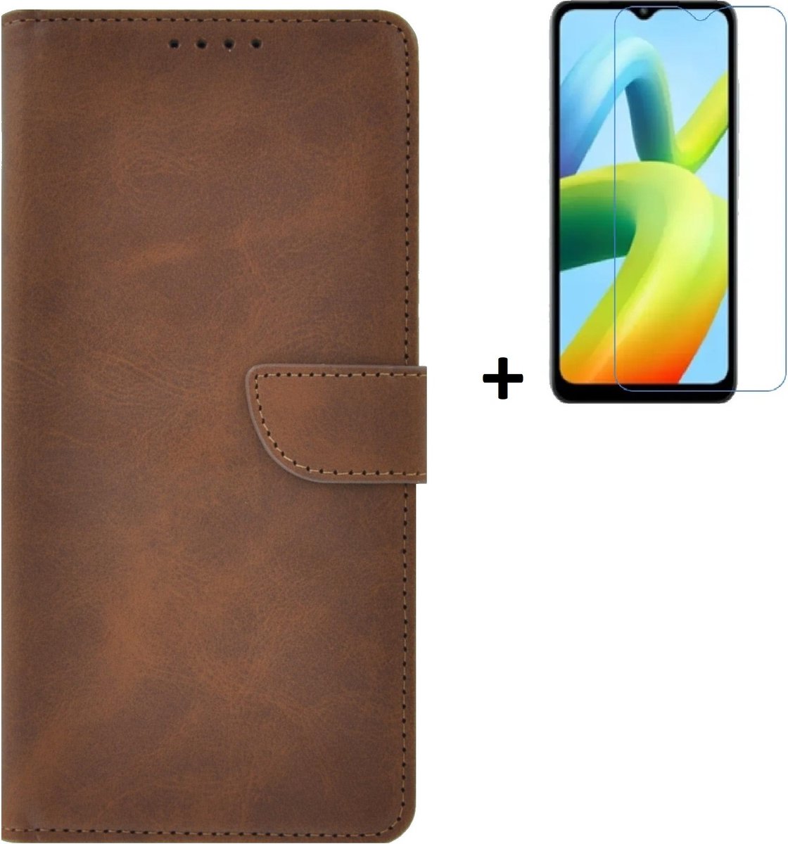 Geschikt voor Xiaomi Redmi A1 Hoesje - Bookcase - Redmi A2 Hoesje - Pu Leder Wallet Book Case Bruin Cover + Screenprotector